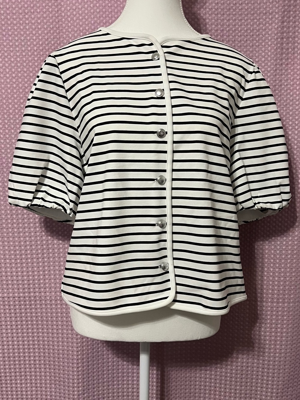 Melloday White and Black Striped Puff Sleeve Button-Front Top